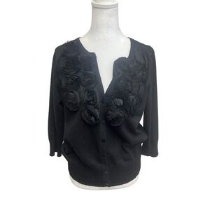 RED Women Cardigan Sweater 1X Black 3D Rosette Floral 3/4 Sleeve Knit Coquette